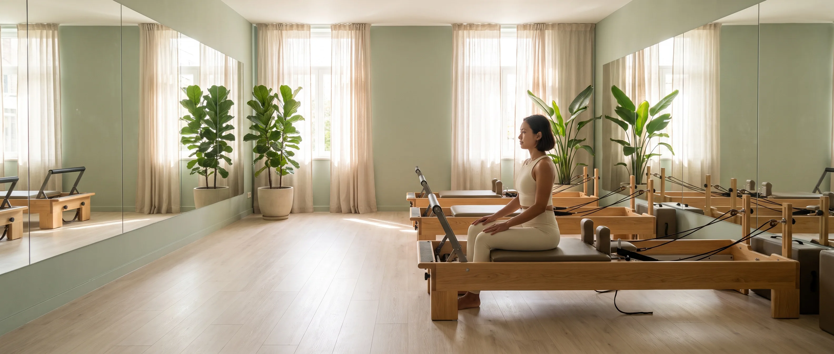 Studio pilates yang terang dengan alat reformer dari kayu, jendela tinggi bertirai tipis, dan tanaman besar; seorang perempuan duduk tegak di atas salah satu reformer